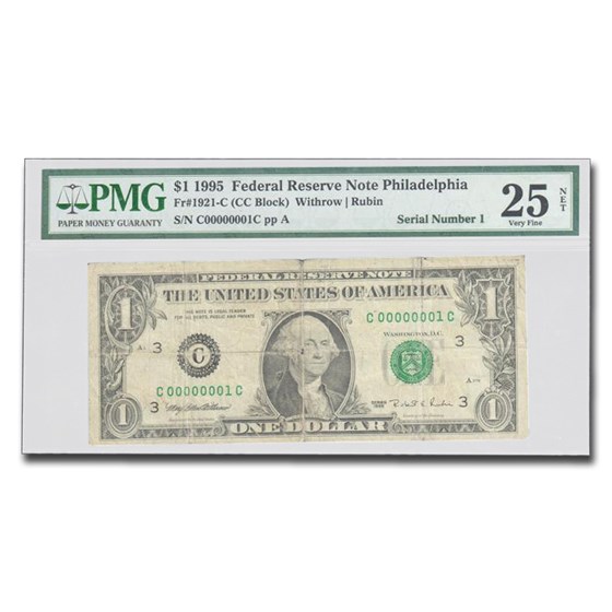 1995 (C-Philadelphia) $1.00 FRN VF-25 PMG NET (Serial # 1) 1995 (C-Philadelphia) $1.00 FRN VF-25 PMG NET (Serial # 1)